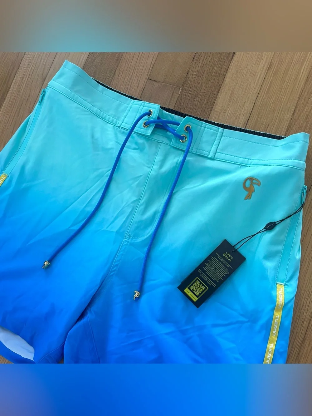 Tucann Mens Swim Shorts XL Faded Ocean Blue Ombre Trunks Compression Liner NWT